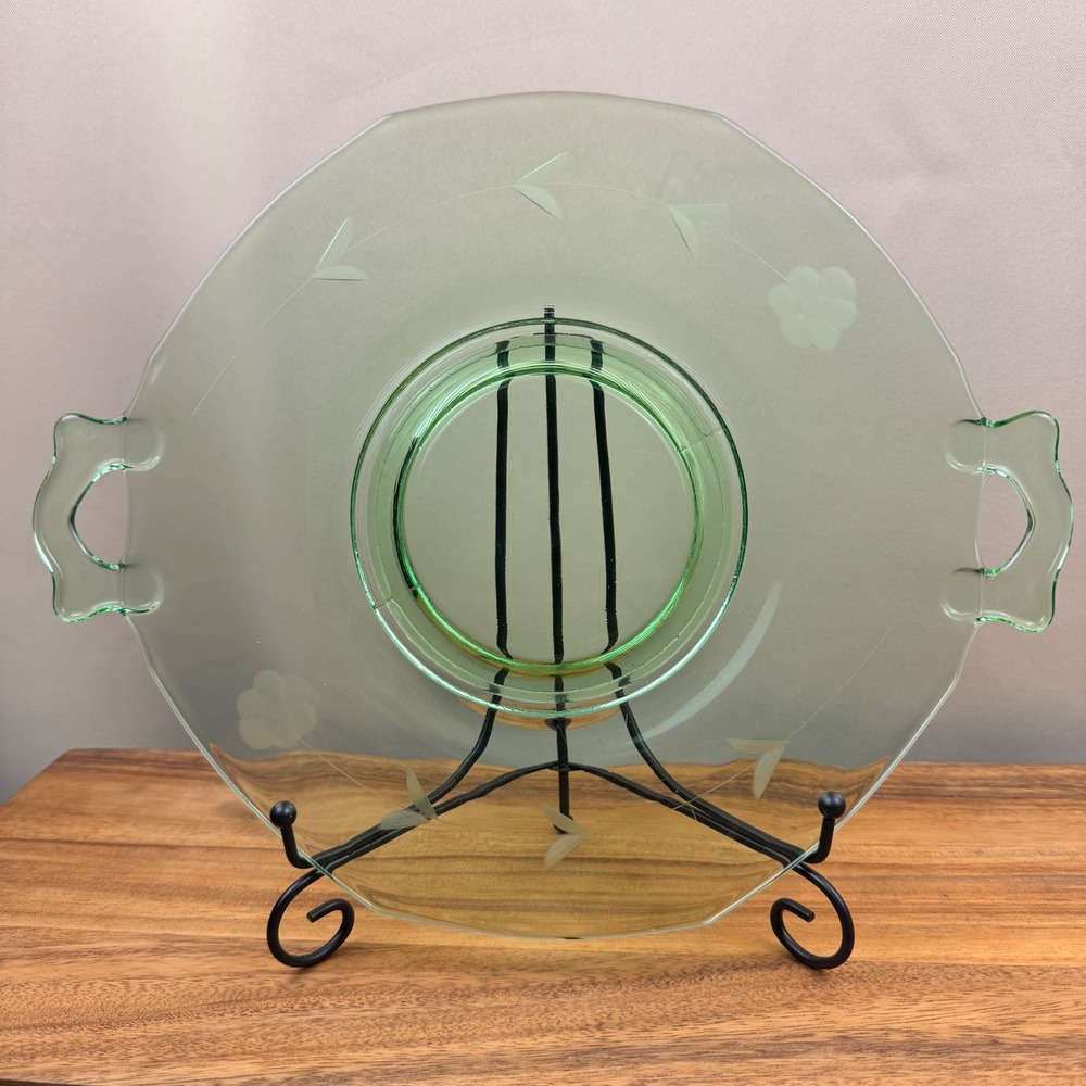 Heisey Moongleam Green Uranium Glass Handled Sandwich Plate Etched Floral 12.5"